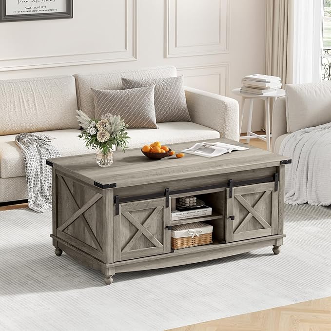 48" Farmhouse Lift Top Coffee Table with Storage Sliding Barn Door & Large Hidden Compartment, Coffee Table with Lifting Top with Wooden Lift Tabletop, Coffee Tables for Living Room, Grey-CasaMuseHome