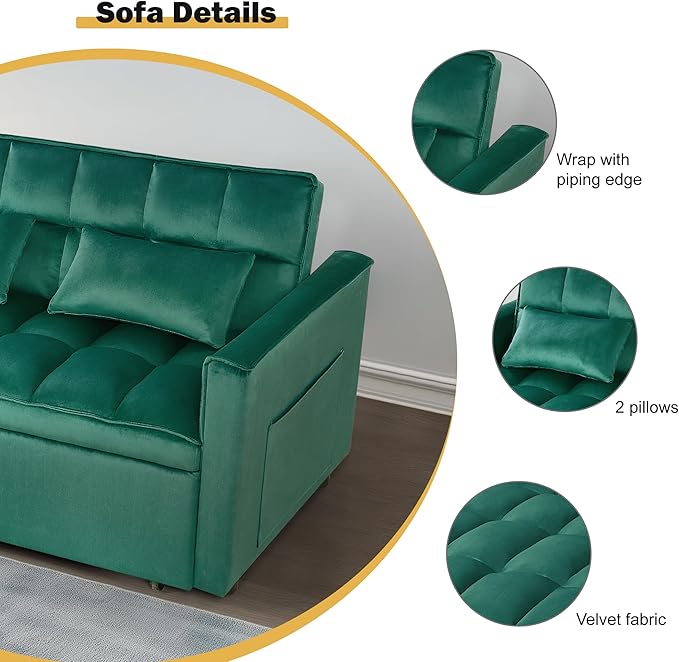 3 in 1 Sleeper Sofa Bed, Futon Sofa Bed for Living Room with Side Pocket, Green Sleepers Sofas Couch with Pullout Beds, Convertible Love Seat Sleepers Couch for Living Room, Bedroom-CasaMuseHome