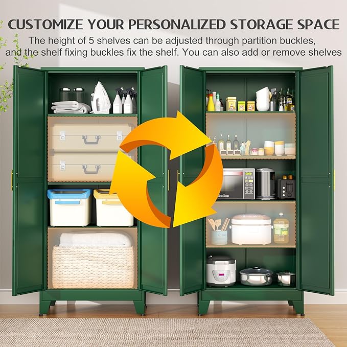 75.2" Tall Kitchen Food Pantry, Pantry Cabinet with 2 Door and 5 Adjustable Shelves, Green Laundry Room Cabinets, Freestanding Pantry for Kitchen, Study Room, Dining Room and Entryway-CasaMuseHome