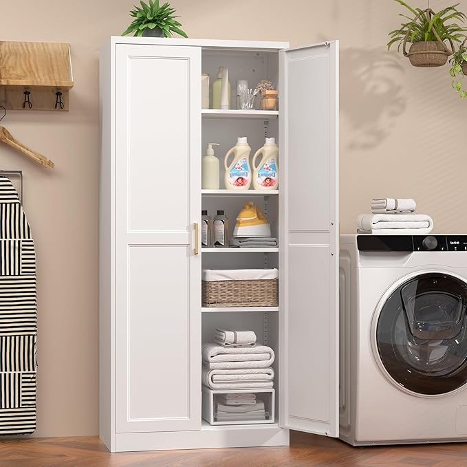 71" Tall Metal Pantry Cabinet, White Kitchen Pantry Storage Cabinet with 4 Adjustable Shelves and Gold Handles, Cupboard for Kitchen, Dining Room, Living Room, Bathroom-CasaMuseHome