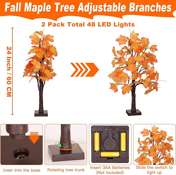 2 Pack 24 Inch Prelit Fall Maple Tree Fall Decor with 48 LEDs Timer Battery Operated Artificial Fall Light Up Tree Maple Acorn for Fall Thanksgiving Decorations Table Home Office Indoor Autumn Harvest-CasaMuseHome