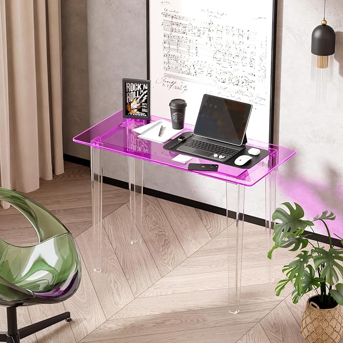 Acrylic Desk, Modern Study Table for HomeOffice-Extended Surface Multi-Purpose Console & EntrywayTable, Sturdy Lightweight Design（(42.5-inch, Pink)-CasaMuseHome