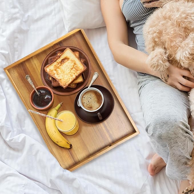 Acacia Wood Serving Tray with Handles - 17-Inch Decorative Wooden Tray - Perfect for Breakfast, Lunch, Dinner, Appetizers, Patio, Ottoman, Coffee Table - Durable Living Room and Couch Tray-CasaMuseHome