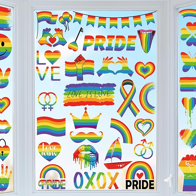 9 Sheets LGBT Rainbow Window Clings, Pride Decorations Window Cling, Gay Love Heart Stickers, Double-Side Pride Wall Clings Decals for Pride Day LGBTQ Rainbow Party Parades Supplies Decor-CasaMuseHome