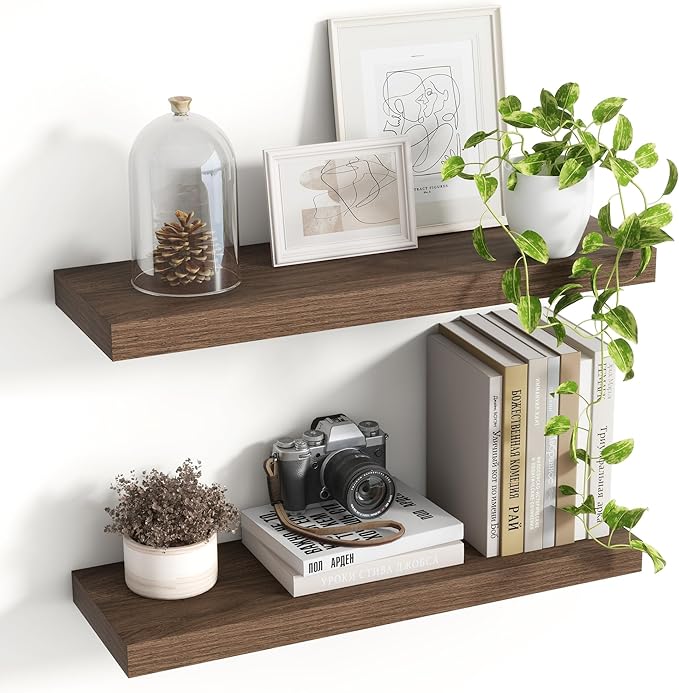 24 Inch Floating Shelves, 8 Inch Deep Floating Shelves for Wall, Hanging Shelf with Invisible Brackets, Deep Shelves for Bathroom, Bedroom, Living Room, Walnut, Set of 2-CasaMuseHome