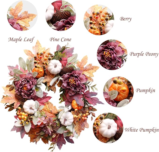20Inch Fall Wreaths for Front Door,Fall Wreath,Fall Decorations for Home,Autumn Wreaths with White Pumpkins Peony Pine Cones, Fall Door Wreath for Thanksgiving Halloween Indoor Outdoor Decor-CasaMuseHome
