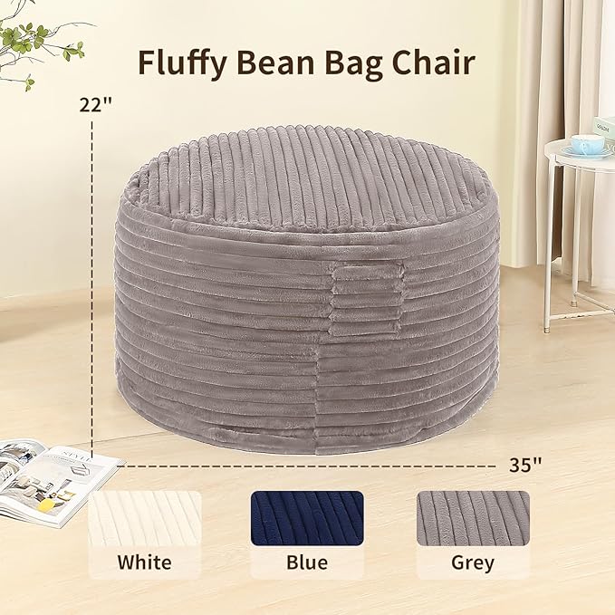 3FT Memory Foam Bean Bag Chair for Adults/Teens, Bean Bag Sofa with Fluffy Removable Cover, for Living Room Bedroom, Grey-CasaMuseHome