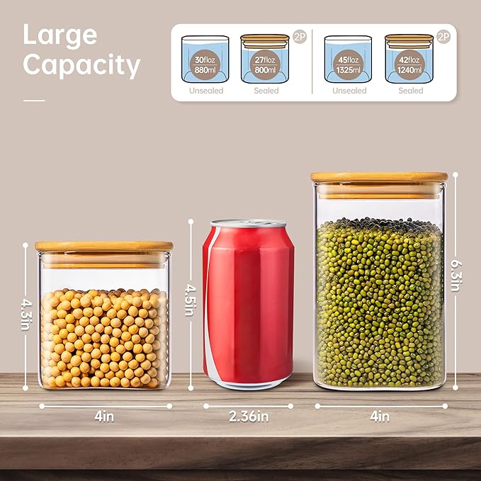 42oz & 27oz - 4 Pack Square Glass Jars with Bamboo Lids, Glass Food Storage Containers with Airtight Lids for Kitchen, Air Tight Pantry Storage Containers for Cereal, Pasta, Rice, Sugar, Coffee, Spice-CasaMuseHome