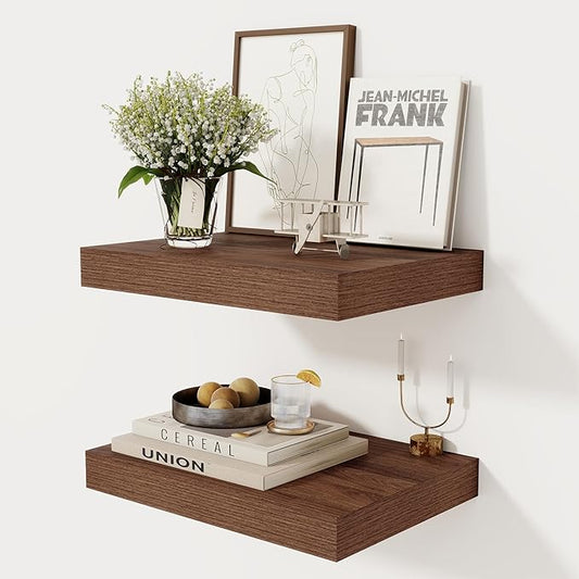12 Inch Deep Floating Shelves, 16 x 12 Floating Shelf for Books, Rustic Wood Deep Wall Shelves for Home Storage & Display, 2" Thicked Shelves for Kitchen, Living Room, Bedroom, Walnut Color, 2 Pack-CasaMuseHome
