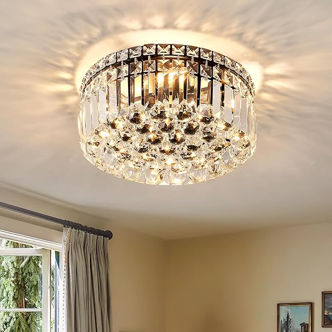 4-Light Black Crystal Chandeliers Flush Mount Chandelier Light Fixture with K9 Crystals Modern Ceiling Lights Elegant Round Lamp for Bedroom,Hallway,Bar,Living Room,Dining Room,H5.9 xW13.7-CasaMuseHome