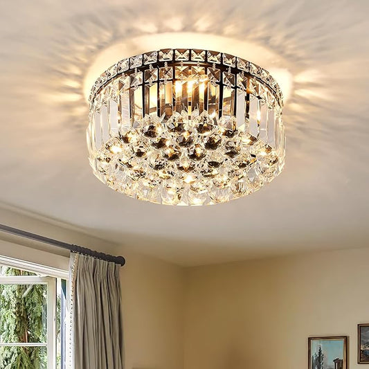 4-Light Black Crystal Chandeliers Flush Mount Chandelier Light Fixture with K9 Crystals Modern Ceiling Lights Elegant Round Lamp for Bedroom,Hallway,Bar,Living Room,Dining Room,H5.9 xW13.7-CasaMuseHome