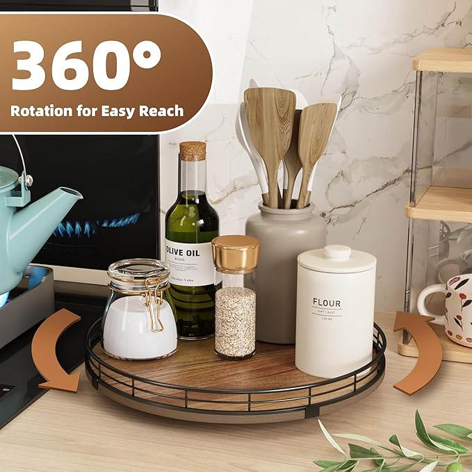 Acacia Wood 12" Lazy Susan Turntable Organizer for Table Top, Farmhouse Round Wooden Lazy Susan for Cabinet Kitchen Centerpieces Coffee Table, for Condiments Spices, Bathroom Vanity Tray Decor-CasaMuseHome