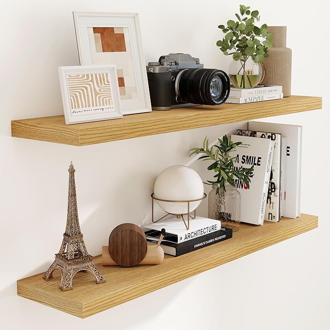 48 Inch Floating Shelves Set of 2, Rustic 48 x 9 Floating Shelf for Wall, 9 Inch Deep Bookshef Invisible Bracket, Wall-Mounted Deep Shelving for Bedroom, Kicten, Living Room, Oak Color-CasaMuseHome