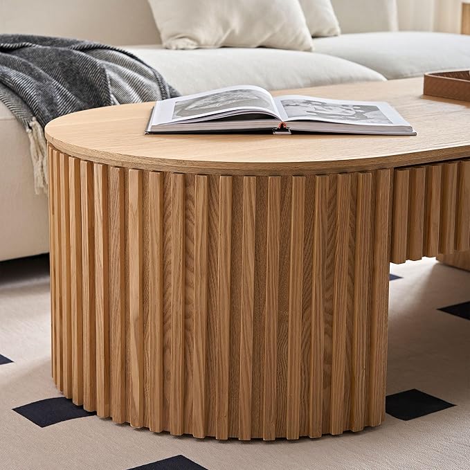 51.18'' Oval Coffee Table for Living Room Fluted Center Table with Drawer, Mid Century Modern Coffee Tables, Easy Assembly for Office Storage Tea Table Oak-CasaMuseHome