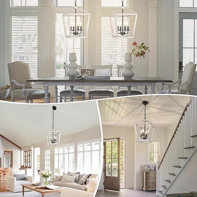 4 Light Rustic Chandelier, Farmhouse Lantern Fixture with Brushed White Oak Cage and Adjustable Chain, E12 Base Geometric Hanging Light Fixture Ceiling lighting for Entryway Kitchen Island, Indoor Use-CasaMuseHome