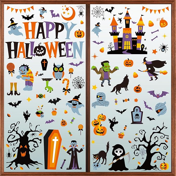115PCS Halloween Window Clings, 9 Sheets Halloween Decorations, Cute Witch Tree Zombie Ghost Patterns PVC Window Stickers for Treat or Trick Party Favors Decal Supplies Decor Accessories-CasaMuseHome