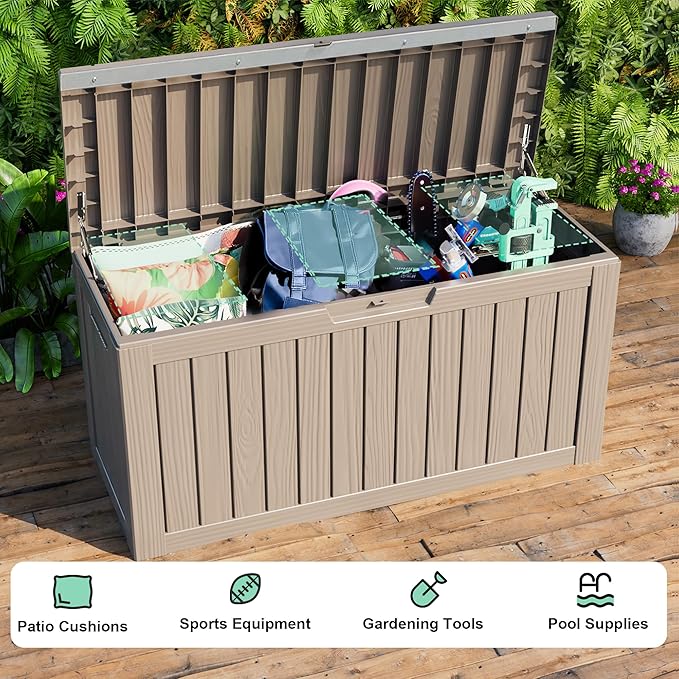 87 Gallon Deck Box Large Outdoor Storage for Patio Furniture,Outdoor Cushions,Garden Tools and Pool Supplies,Waterproof,Resin,Lockable(Grey)-CasaMuseHome
