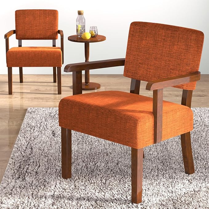 Accent Chair Set of 2 with Table, Living Room Chairs with Soft Seat and Armrests for Living Room Bedroom Reading Room Waiting Room (Orange), Linen, AC01-CasaMuseHome