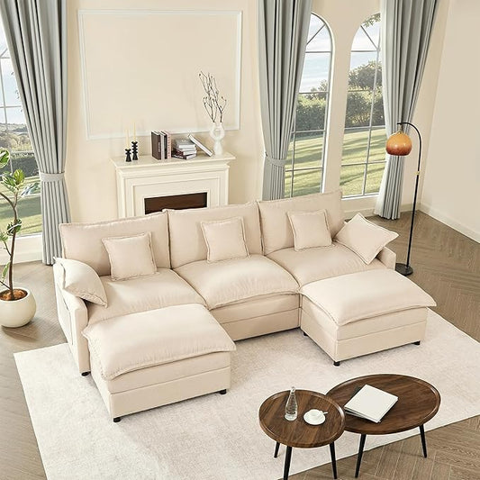 108" U Shaped Couch, Modular Sectional Sofa, 3-Seater Comfy Cloud Couch with Movable Ottoman, Deep Seat Couches for Living Room, Linen, Beige-CasaMuseHome