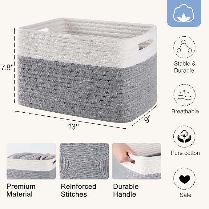 4 Pack Storage Baskets for Organizing, Woven Baskets for Shelves - Perfect for Toys, Books, Towels, and Clothes, Durable Gift Basket Bins Toy Storage, 12.7''L x9''W x7.8''H, Grey and White-CasaMuseHome