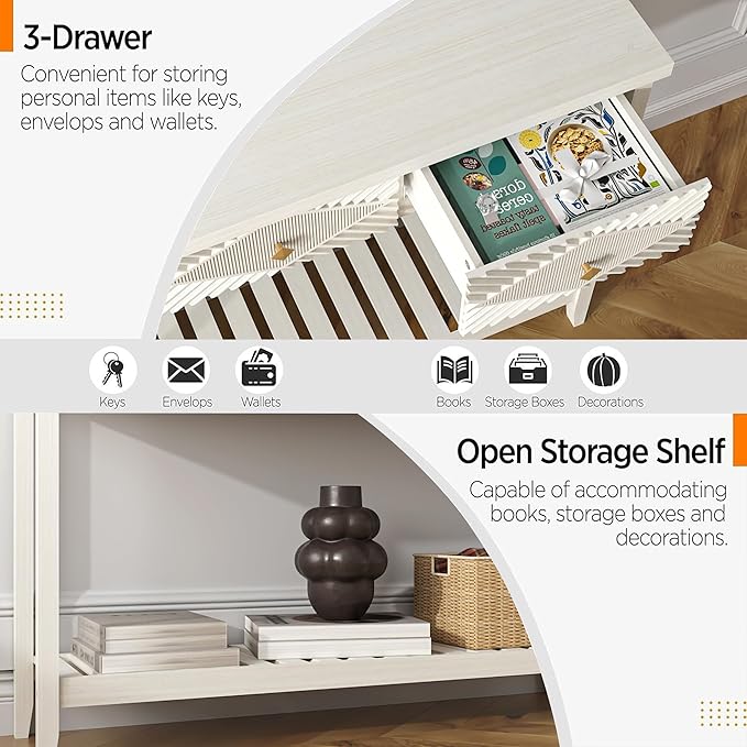 47" Fluted Console Table with 3 Drawers, Narrow Long Entryway Table with Storage Shelf, Sofa Tables for Entryway, Living Room, Behind Couch, Foyer, Hallway, Office (Beige)-CasaMuseHome