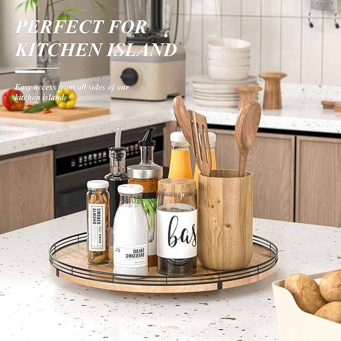 18" Lazy Susan Oak Wood Turntable Organizer for Cabinet, Farmhouse Round Wooden Large Lazy Susan Organization and Storage for Dining Table, Pantry, Kitchen, Countertop, Cupboard, Home Decor-CasaMuseHome