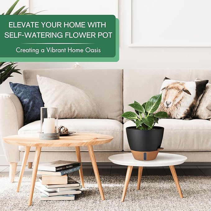 2 Pack 10 inch Plant Pots, PP Plastic Self Watering Plant Pot with Drainage and Tray for Indoor Outdoor Plants , Water Level Window & Reservoir Flower Pots Decorative Planter (Black, 10 Inch)-CasaMuseHome