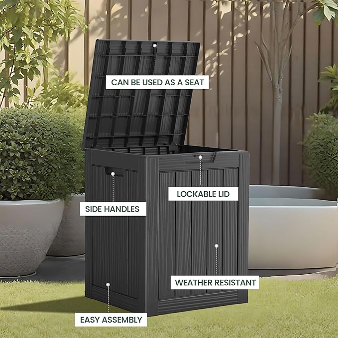 28 Gallon Outdoor Storage Box, Waterproof Durable Resin Deck Box for Indoor & Outdoor Use, Lockable Outdoor Bench, Deck Bin for Patio Furniture, Deliveries, Pool Supplies, Black-CasaMuseHome