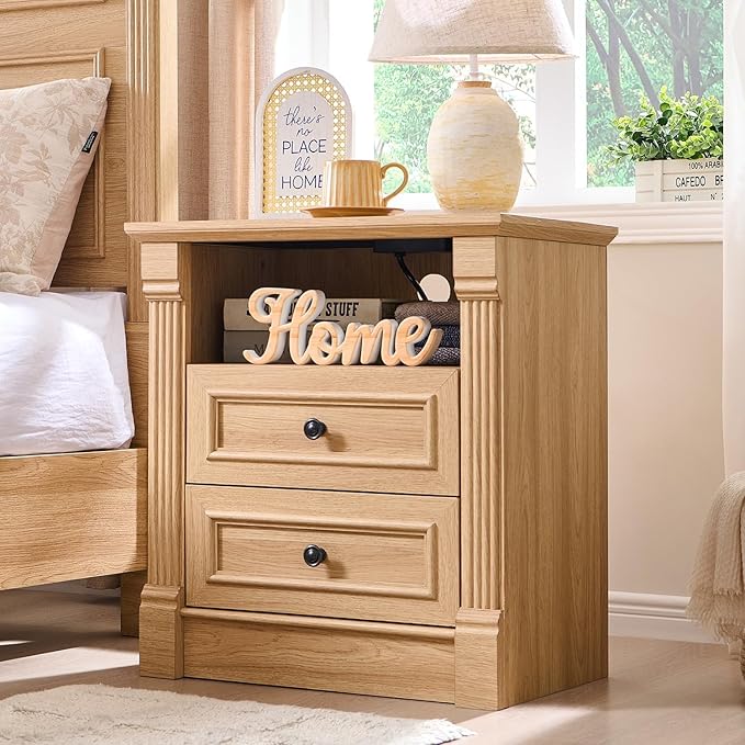 26" Tall Farmhouse Nightstand, 2 Drawers End Table w/Charging Station, 23.6" Wide Large Side Table w/Roman Column, Wood Rustic Sofa Table w/Open Shelf, Bedside Table for Bedroom, Natrual-CasaMuseHome