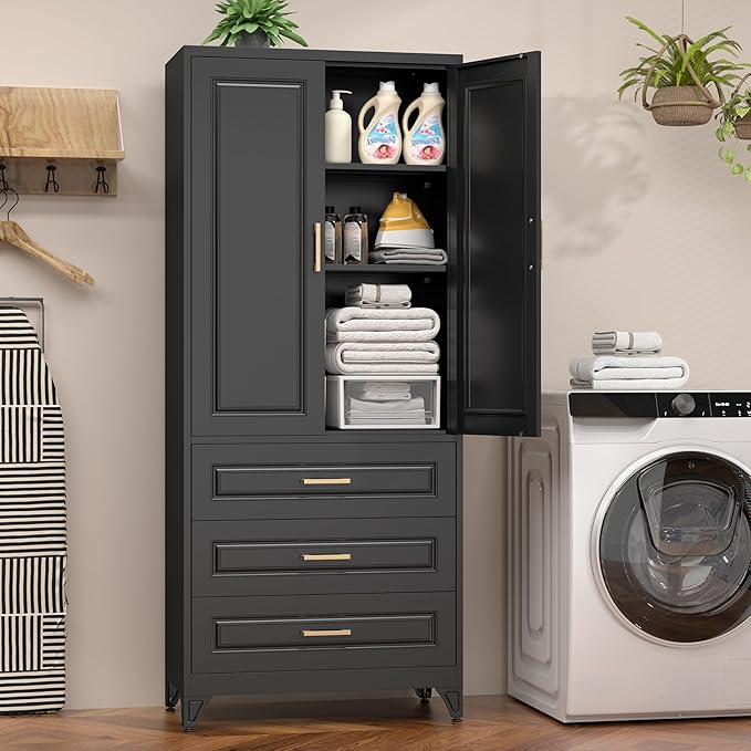 75" Kitchen Pantry Cabinet, Metal Storage Cabinets with Doors and Adjustable Shelves, Black Tall Pantry Cabinet with 3 Drawers for Dinning Living Room-CasaMuseHome