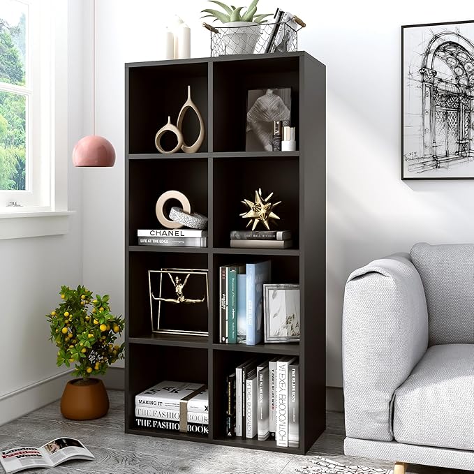 8-Cube Storage Shelf Bookcase - Wooden 4-Tier Floor Standing Open Bookshelf, Modern TV Stand up to 55 Inchs for Home and Office, Black-CasaMuseHome