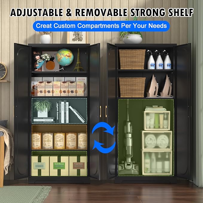 71" Tall Kitchen Pantry Cabinet, Pantry Storage Cabinet with Doors and Shelves, Metal Food Pantry Cabinets with Handles, Black Freestanding Cupboard for Living&Dining Room-Assemble Required-CasaMuseHome