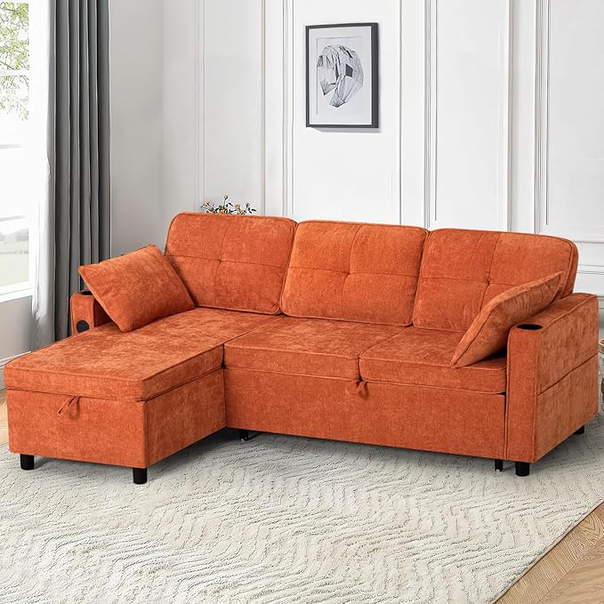84 Inches Chenille Sectional Sofa w/Pull-Out Sofa Bed & Adjustable Back, Tufted L-Shaped Couch w/Storage Chaise, Sleeper Sectional Sofa w/USB Port & Cup Holders for Living Room, Orange-CasaMuseHome