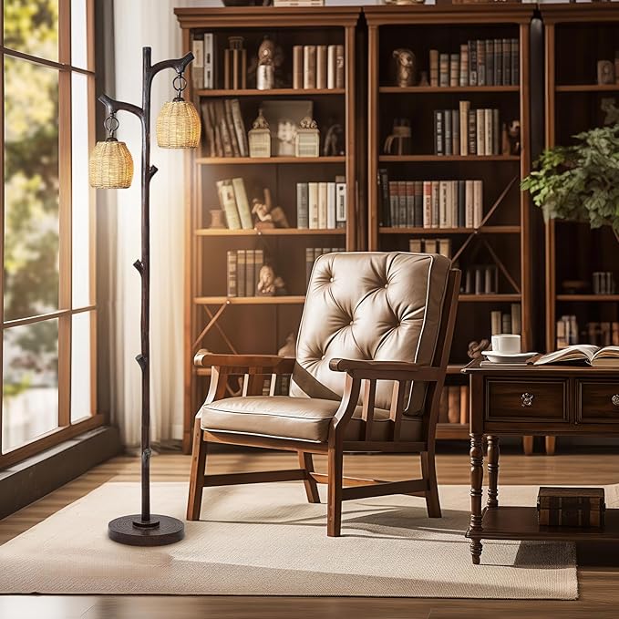 68" High Farmhouse Rustic Country Cottage Floor Lamp Tree Trunk Faux Wood Column Dark Bronze Wicker Drum Shade Decor for Living Room Bedroom Reading Room-CasaMuseHome