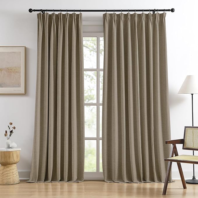 70 Inch Wide Blackout Curtains 2 Panels Set,Back Tab Pleated Curtains Hidden Tab with Hooks,Energy Efficinet Linen Blend Patio Drapes for Dining Room Sliding Glass Door 70x96 Length Linen Brown-CasaMuseHome