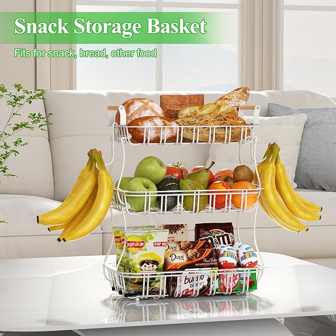 3 Tier Fruit Basket with 2 Banana Hooks, Large Capacity Multifunctional Detachable Sturdy Fruit Bowl with Wooden Handle Mesh Top for Kitchen Counter, for Bread Snacks Vegetables Produce, White-CasaMuseHome