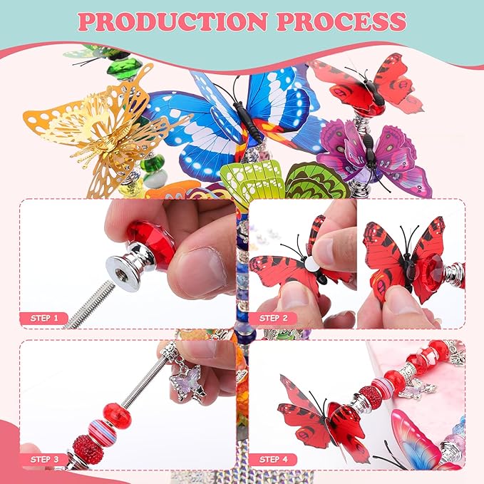 380pcs Beaded Garden Stake, DIY Butterfly Fairy Wand Garden Stake Kit with 10IN Threaded Rod Crystal Stopper Top Large Holes Beads Butterfly Decoration Pendants Outdoor Fairy Garden kit-CasaMuseHome