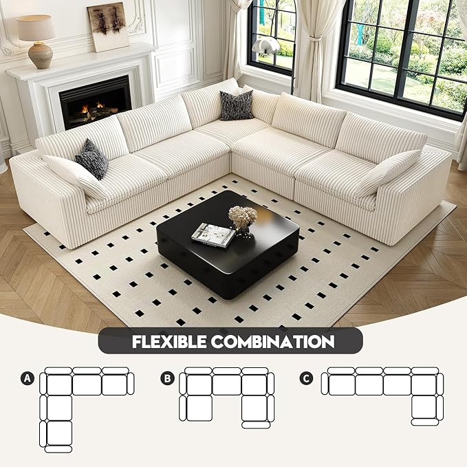 118" Cloud Couch Oversized Modular Sectional Sofa for Living Room,Modern Sofa with Deep Seat，V Shaped Boneless Couch,Comfy Upholstered Corduroy Couches for Apartment, Studio, Office,Bedroom，White-CasaMuseHome