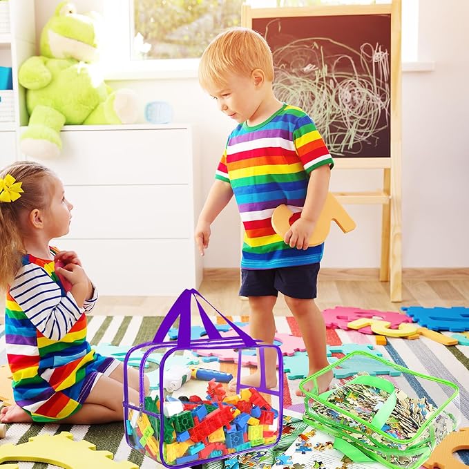 6 Colors Large Toy Storage Bags with Labels, Reusable Clear PVC Board Game Storage, Travel Waterproof Organizer Bags with Zipper for Building Blocks, Puzzle, Kids Books(3 large & 3 Widen X-Large)-CasaMuseHome
