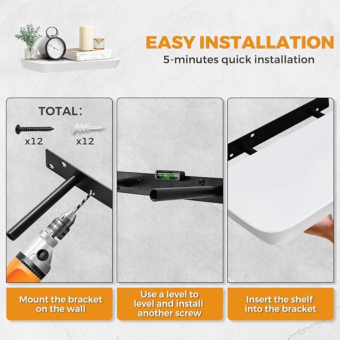 16"x6.8"x1.6" Slanted Floating Wall Shelves 2-Pack - Rustic White Finish, Heavy-Duty Solid Wood Design with Hidden Brackets - Perfect for Living Room, Kitchen, Bathroom, or Office-CasaMuseHome