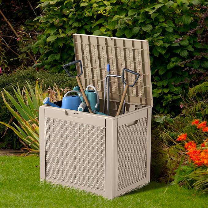 33 Gallon Deck Box Large Outdoor Storage for Patio Furniture,Outdoor Cushions,Garden Tools and Pool Supplies,Waterproof,Resin,Lockable(Grey)-CasaMuseHome