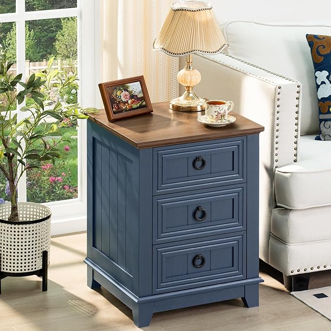18" Farmhouse Night Stand with 3 Drawers, Wood End Table Dresser for Bedroom, Navy Blue Nightstand, Bed Side Table with Metal Handle, Bedside Cabinet for Bedroom Living Room, Closet-CasaMuseHome
