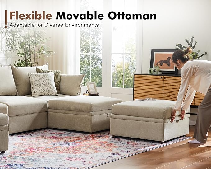 134.6" Oversized Modular Sectional Sofa, 6 Seater U Shaped Couch with Storage Ottoman with Reversible Chaise Deep Seat for Living Room, Apartment - Chenille Beige-CasaMuseHome