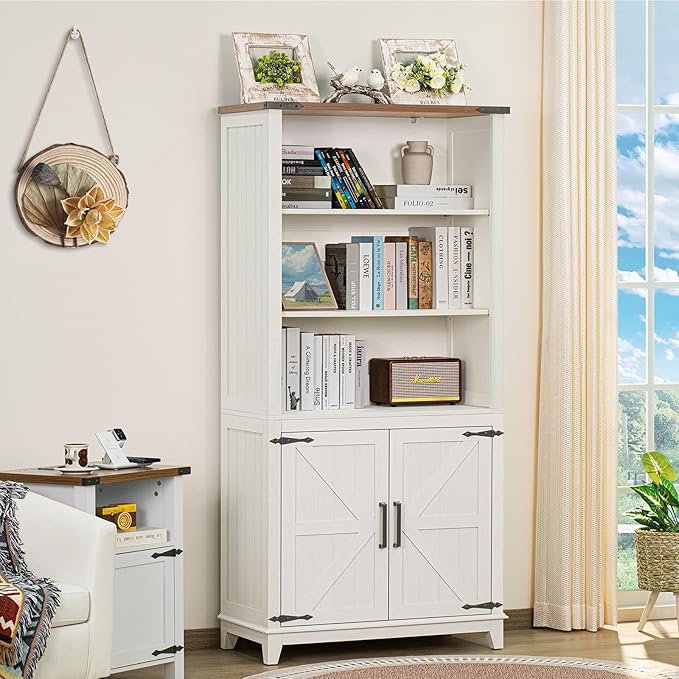5 Tier Bookshelf 70in Tall Bookcase with Barn Doors and Storage Cabinet, White Farmhouse Book Shelf with Adjustable Shelves, Wood Freestanding Display Bookshelves for Bedroom, Living Room-CasaMuseHome