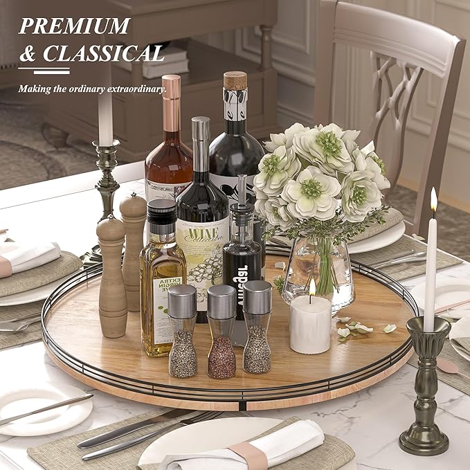 24" Lazy Susan Oak Wood Turntable Organizer for Cabinet, Farmhouse Round Wooden Large Lazy Susan Organization and Storage for Dining Table, Pantry, Kitchen, Countertop, Cupboard, Home Decor-CasaMuseHome