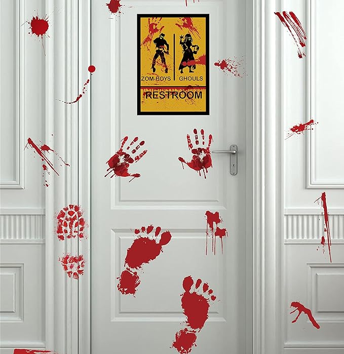 173PCS Halloween Bloody Footprints Floor Clings Plus Tattoos - Hallowmas Handprint Zombie Restroom Sign Decals Party Decorations-CasaMuseHome
