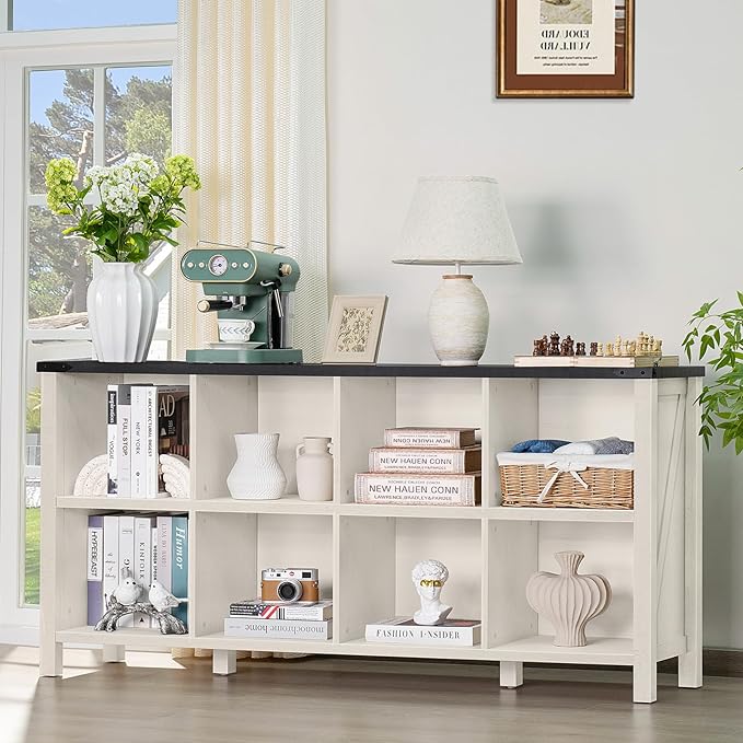 8 Cube Book Shelf, Farmhouse Wood Long Storage Organizer Bookcase, 62" Horizontal Antique White & Black Console Bookshelf, Kids Toy Storage Cabinet, Modern Open Book Case for Playroom, Office-CasaMuseHome