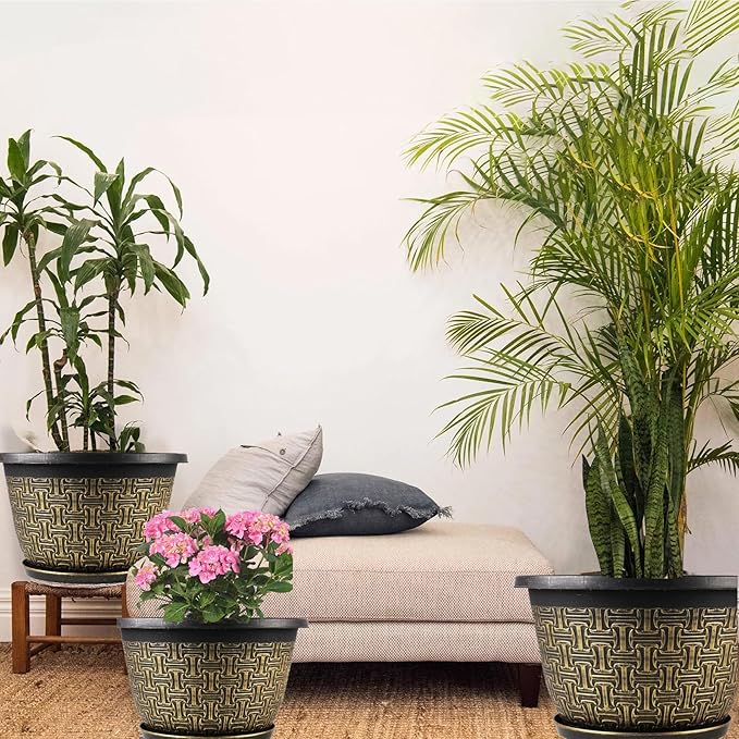 4 Pack 16 Inch Planter,Large Plastic Flower Pots Outdoor Indoor with Drainage Holes & Trays, Retro Antique Imitation Decorative Garden Plant Pots Outdoor for Houseplants-CasaMuseHome