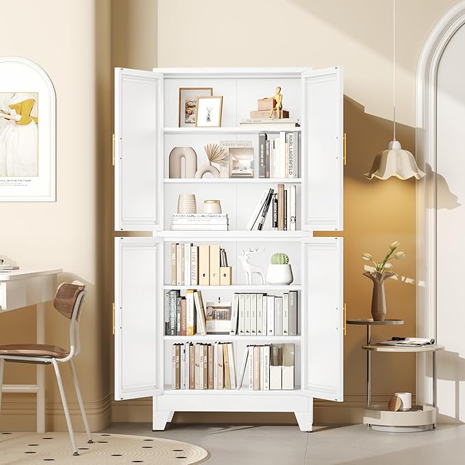 75.2" Tall Metal Pantry Cabinet, Kitchen Pantry Storage Cabinets with 4 Door and 4 Adjustable Shelves, White Storage Cabinet, Freestanding Cupboard for Kitchen Dining Room Living Room Bathroom-CasaMuseHome