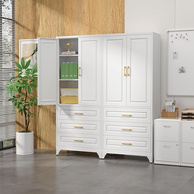 75" Kitchen Pantry Cabinet with 3 Drawer,Metal Storage Cabinets with Doors and 4 Adjustable Shelves,White Kitchen Cabinet with 2 Gold Handles,Food Cupboard for Livingroom,Pantry, Bathroom-CasaMuseHome